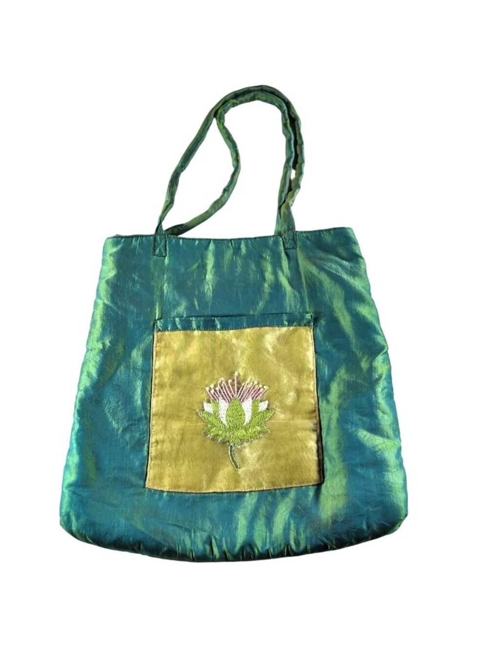 Embroidered Floral Green Gold Tote Bag Dual Shoulder Straps Silk Asian Boho